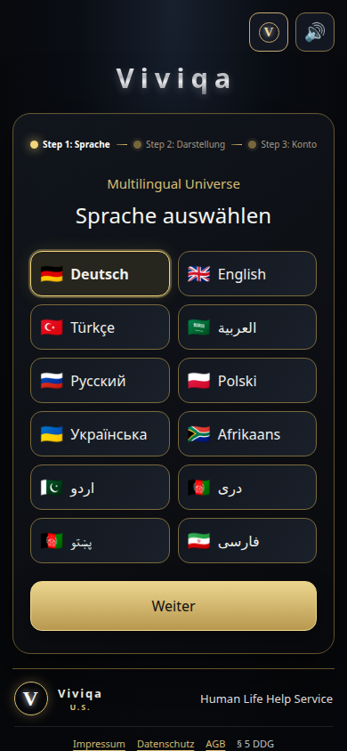 Viviqa App-Einstieg mit Sprachauswahl